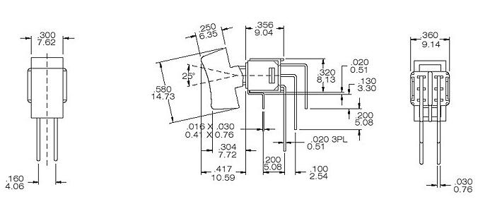 RS4-202R4六腳兩檔90度彎腳臥式鈕子開(kāi)關(guān)