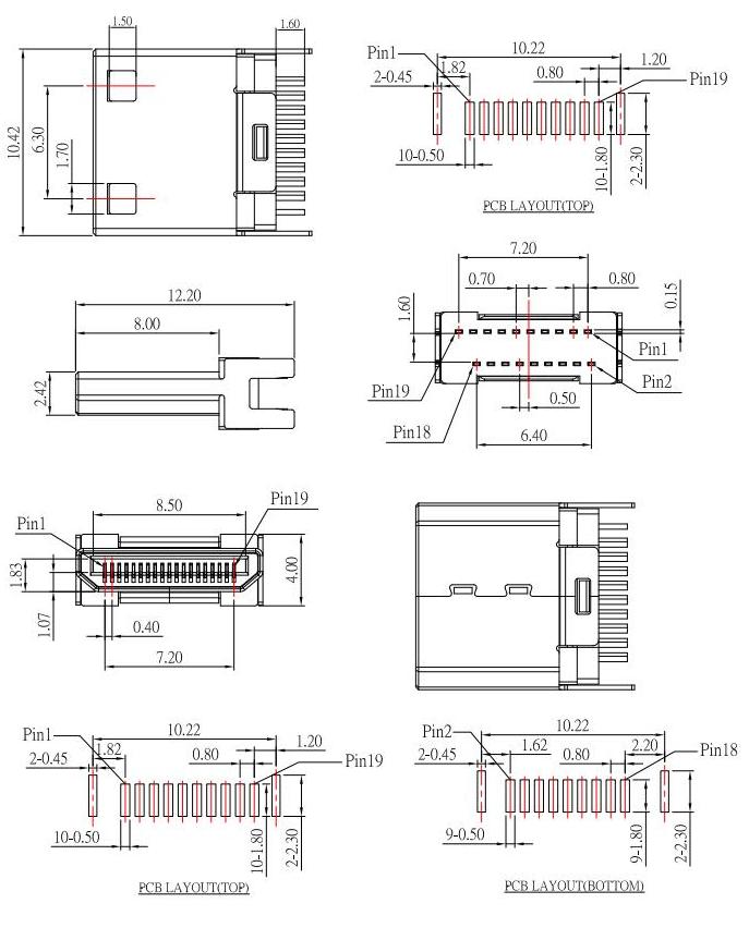 HDMI-C-3 ,HDMI JACK C TYPE ,公頭HDMI夾板式，HDMI plug規(guī)格圖