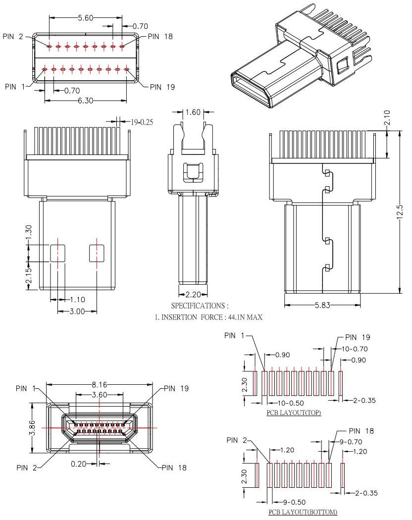 HDMI-D-6  D TYPE 公頭夾板,板厚1.6mm，HDMI JACK SERIES規(guī)格圖