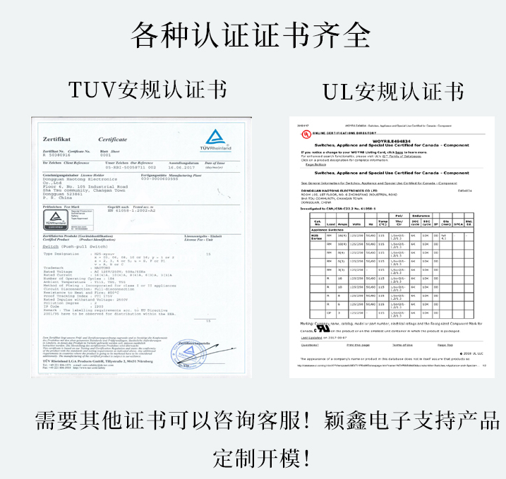 開關TUV和UL認證證書